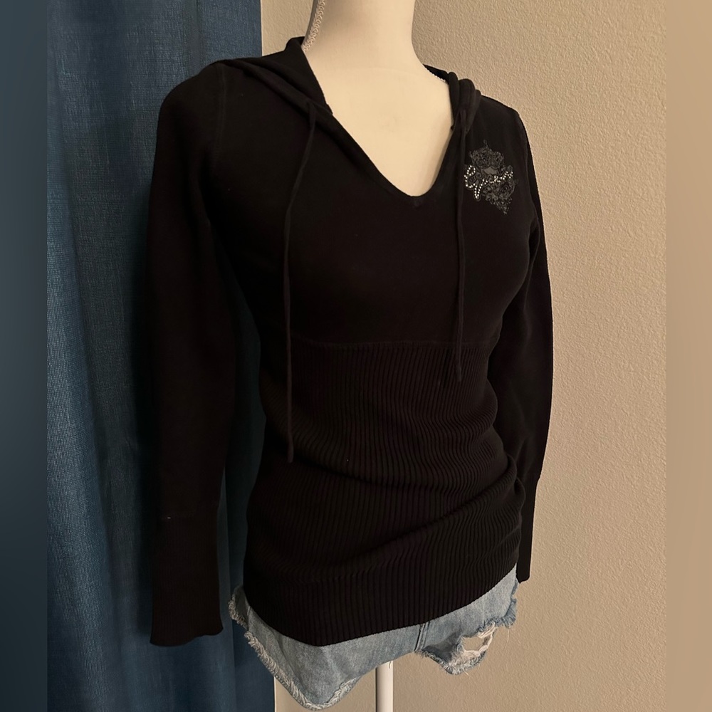 Black Guess Jacket Sweatshirt Scoop Neck Ribbed Long Sleeve Bedazzled Logo Small - Picture 5 of 8